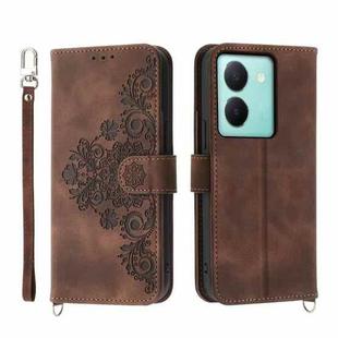 For vivo Y36 Skin-feel Flowers Embossed Wallet Leather Phone Case(Brown)