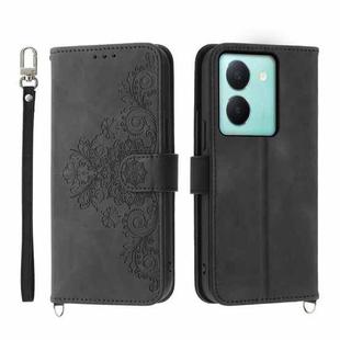 For vivo Y36 Skin-feel Flowers Embossed Wallet Leather Phone Case(Black)