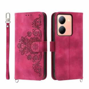 For vivo Y78 Skin-feel Flowers Embossed Wallet Leather Phone Case(Wine Red)