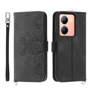 For vivo Y78 Skin-feel Flowers Embossed Wallet Leather Phone Case(Black)