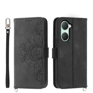 For vivo Y03 Skin-feel Flowers Embossed Wallet Leather Phone Case(Black)