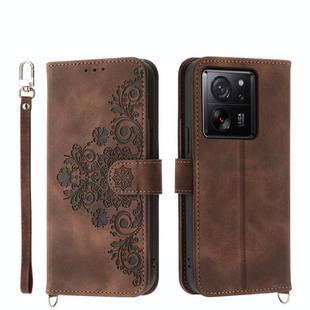 For Xiaomi 13T Skin-feel Flowers Embossed Wallet Leather Phone Case(Brown)
