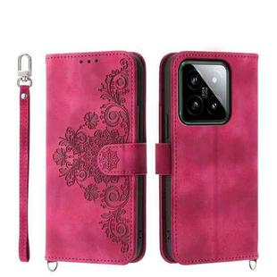 For Xiaomi 14 Skin-feel Flowers Embossed Wallet Leather Phone Case(Wine Red)