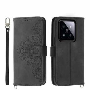 For Xiaomi 14 Pro Skin-feel Flowers Embossed Wallet Leather Phone Case(Black)