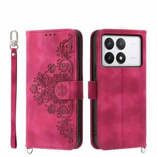 For Xiaomi Poco X6 Pro 5G Skin-feel Flowers Embossed Wallet Leather Phone Case(Wine Red)