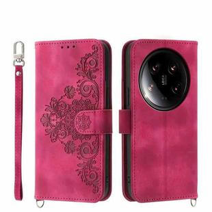 For Xiaomi 14 Ultra Skin-feel Flowers Embossed Wallet Leather Phone Case(Wine Red)
