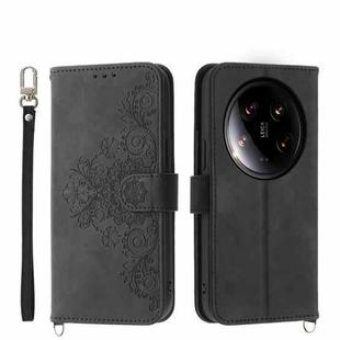 For Xiaomi 14 Ultra Skin-feel Flowers Embossed Wallet Leather Phone Case(Black)