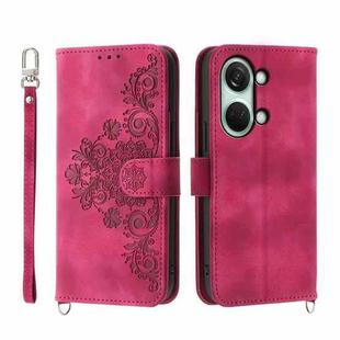 For OnePlus Ace 2V Skin-feel Flowers Embossed Wallet Leather Phone Case(Wine Red)