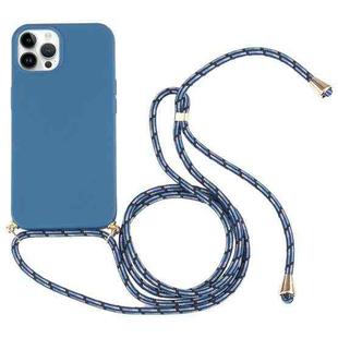 For iPhone 15 Pro Max Wheat Straw TPU Shockproof Phone Case with Neck Lanyard(Blue)