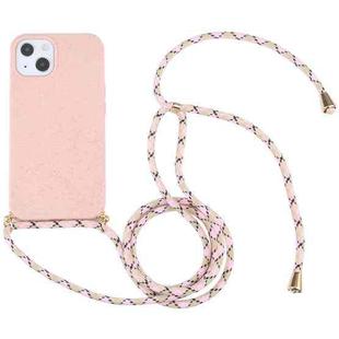 For iPhone 15 Wheat Straw TPU Shockproof Phone Case with Neck Lanyard(Pink)