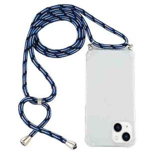 For iPhone 15 Four-Corner Shockproof Transparent TPU Case with Lanyard(Blue White)