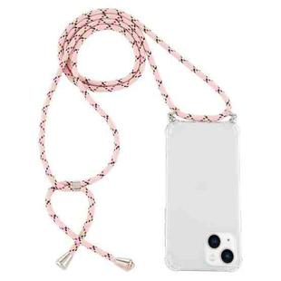 For iPhone 15 Four-Corner Shockproof Transparent TPU Case with Lanyard(Pink Yellow)