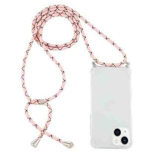 For iPhone 15 Plus Four-Corner Shockproof Transparent TPU Case with Lanyard(Pink Yellow)
