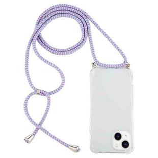 For iPhone 15 Plus Four-Corner Shockproof Transparent TPU Case with Lanyard(Purple Blue Yellow)