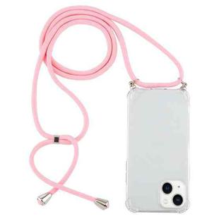 For iPhone 15 Plus Four-Corner Shockproof Transparent TPU Case with Lanyard(Light Pink)