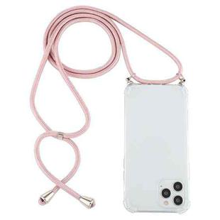 For iPhone 15 Pro Max Four-Corner Shockproof Transparent TPU Case with Lanyard(Pink)