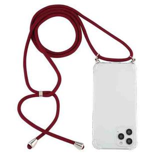 For iPhone 15 Pro Max Four-Corner Shockproof Transparent TPU Case with Lanyard(Wine Red)