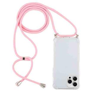 For iPhone 16 Pro Max Four-Corner Shockproof Transparent TPU Case with Lanyard(Light Pink)