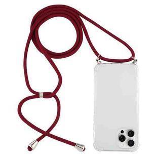 For iPhone 16 Pro Max Four-Corner Shockproof Transparent TPU Case with Lanyard(Wine Red)