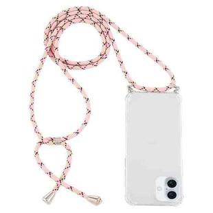 For iPhone 16 Plus Four-Corner Shockproof Transparent TPU Case with Lanyard(Pink Yellow)