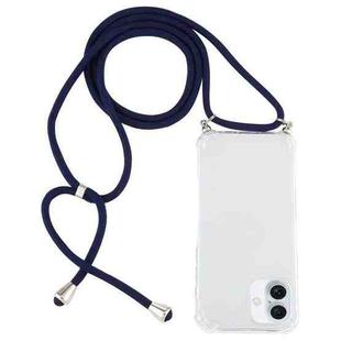 For iPhone 16 Plus Four-Corner Shockproof Transparent TPU Case with Lanyard(Dark Blue)