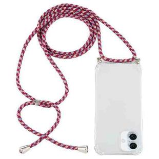 For iPhone 16 Four-Corner Shockproof Transparent TPU Case with Lanyard(Red Grey Yellow)