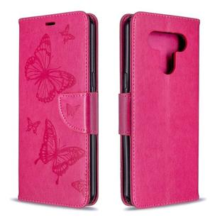 For LG K51 Two Butterflies Embossing Pattern Horizontal Flip Leather Case with Holder & Card Slot & Wallet & Lanyard(Rose Red)