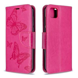 For Huawei Y5P / Honor 9S Two Butterflies Embossing Pattern Horizontal Flip Leather Case with Holder & Card Slot & Wallet & Lanyard(Rose Red)