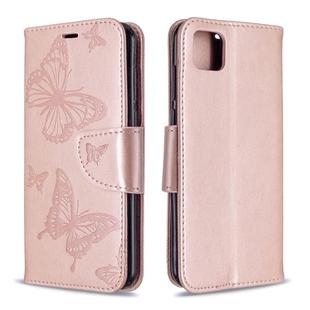 For Huawei Y5P / Honor 9S Two Butterflies Embossing Pattern Horizontal Flip Leather Case with Holder & Card Slot & Wallet & Lanyard(Rose Gold)