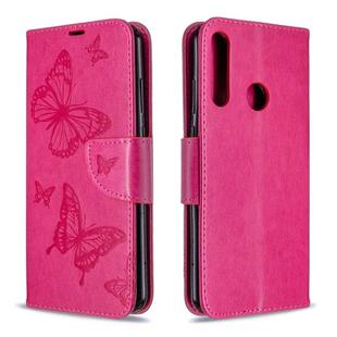 For Huawei Y6P Two Butterflies Embossing Pattern Horizontal Flip Leather Case with Holder & Card Slot & Wallet & Lanyard(Rose Red)