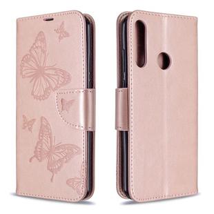 For Huawei Y6P Two Butterflies Embossing Pattern Horizontal Flip Leather Case with Holder & Card Slot & Wallet & Lanyard(Rose Gold)