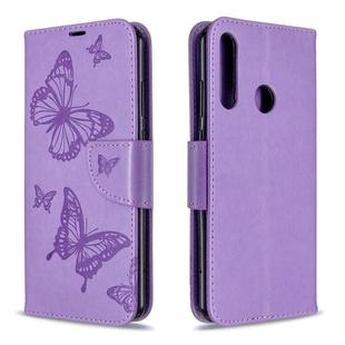 For Huawei Y6P Two Butterflies Embossing Pattern Horizontal Flip Leather Case with Holder & Card Slot & Wallet & Lanyard(Purple)