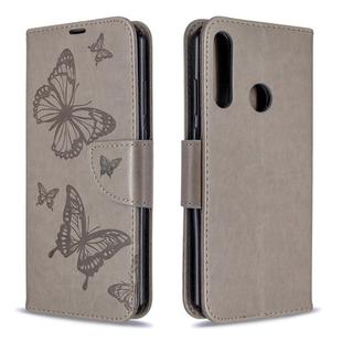For Huawei Y6P Two Butterflies Embossing Pattern Horizontal Flip Leather Case with Holder & Card Slot & Wallet & Lanyard(Grey)