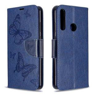 For Huawei Y6P Two Butterflies Embossing Pattern Horizontal Flip Leather Case with Holder & Card Slot & Wallet & Lanyard(Dark Blue)