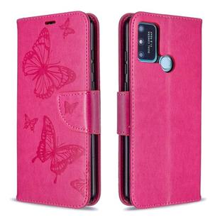 For Huawei Honor 9A Two Butterflies Embossing Pattern Horizontal Flip Leather Case with Holder & Card Slot & Wallet & Lanyard(Rose Red)