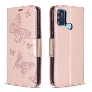 For Huawei Honor 9A Two Butterflies Embossing Pattern Horizontal Flip Leather Case with Holder & Card Slot & Wallet & Lanyard(Rose Gold)