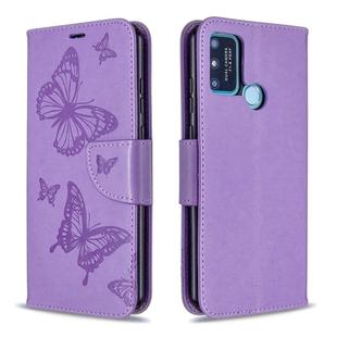 For Huawei Honor 9A Two Butterflies Embossing Pattern Horizontal Flip Leather Case with Holder & Card Slot & Wallet & Lanyard(Purple)