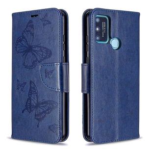 For Huawei Honor 9A Two Butterflies Embossing Pattern Horizontal Flip Leather Case with Holder & Card Slot & Wallet & Lanyard(Dark Blue)