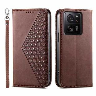 For Xiaomi 13T Cubic Grid Calf Texture Magnetic Leather Phone Case(Brown)