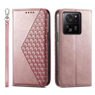 For Xiaomi 13T Cubic Grid Calf Texture Magnetic Leather Phone Case(Rose Gold)