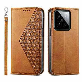 For Xiaomi 14 Cubic Grid Calf Texture Magnetic Leather Phone Case(Yellow)