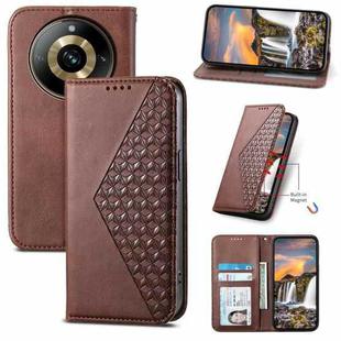 For Realme 11 Pro Cubic Grid Calf Texture Magnetic Leather Phone Case(Brown)