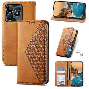 For Realme C53 Cubic Grid Calf Texture Magnetic Leather Phone Case(Brown)