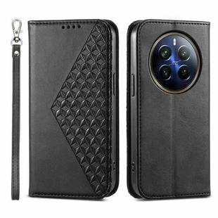 For Realme 12 Pro+ Cubic Grid Calf Texture Magnetic Leather Phone Case(Black)