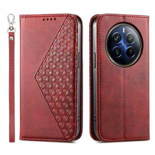 For Realme 12 Pro+ Cubic Grid Calf Texture Magnetic Leather Phone Case(Red)