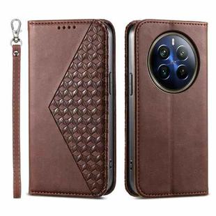 For Realme 12 Pro+ Cubic Grid Calf Texture Magnetic Leather Phone Case(Brown)