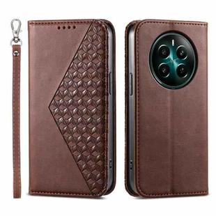 For Realme 12+ Cubic Grid Calf Texture Magnetic Leather Phone Case(Brown)