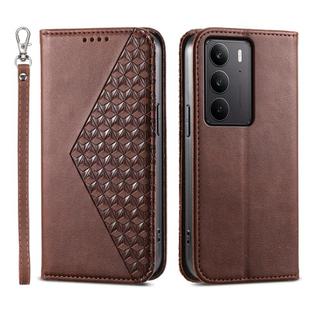 For Realme C75 / Realme 14x Cubic Grid Calf Texture Magnetic Leather Phone Case(Brown)