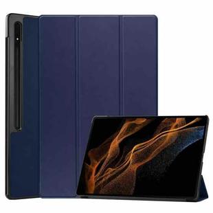 For Samsung Galaxy Tab S10 Ultra / S9 Ultra Custer Pure Color 3-Fold Holder Smart Leather Tablet Case(Dark Blue)