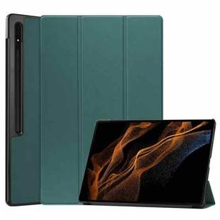For Samsung Galaxy Tab S10 Ultra / S9 Ultra Custer Pure Color 3-Fold Holder Smart Leather Tablet Case(Dark Green)